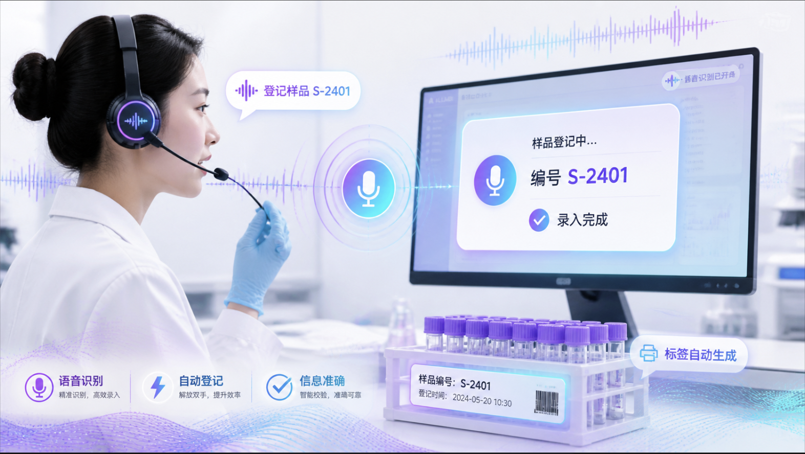 智能语音业务操作：语音/文字指令完成样品登记、录入、查询、填报，全程无需手动切界面。